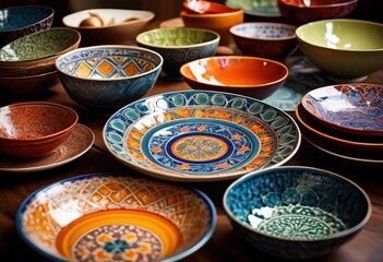 Fototapeta premium colorful vibrant arrangement plates bowls artistic display showcasing diverse patterns textures, ceramics, dinnerware, floral, food, geometric, glassware