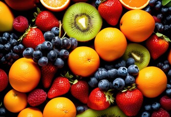 Obraz premium colorful vibrant fruit display featuring artistic backdrop creative design elements, apples, bananas, berries, citrus, feast, gathering, grapes, kiwi