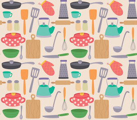 Seamless pattern with various kitchen utensil and cookware. Vector background in flat style	