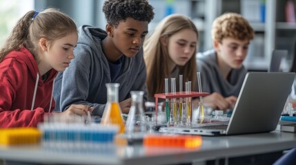 A group of high school students working on a collaborative science project in a modern lab environment with test tubes and laptops scattered around the table everyone is focused and engaged