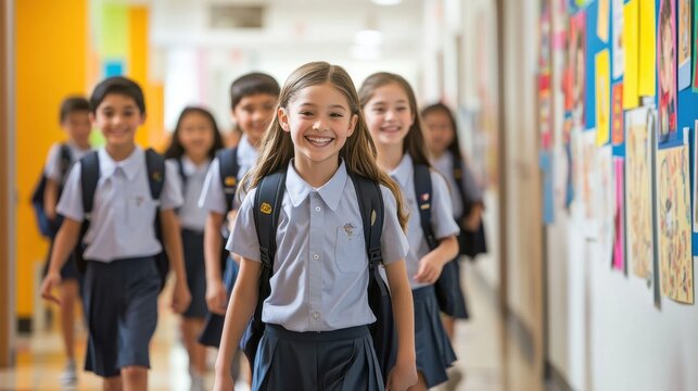 A group of elementary students in school uniforms walking through the bright and colorful corridors of the school chatting and laughing with backpacks slung over their shoulders capturing the