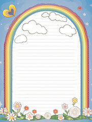 Colorful rainbow, clouds, flowers, and lined paper for writing.