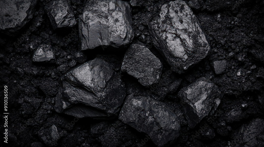 Poster black coal pieces lie scattered on dark ground, emphasizing their rich texture and color in a natura