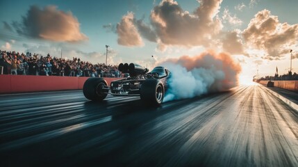 A race car speeds down the track, leaving a trail of smoke behind, while an enthusiastic crowd watches at sunset.