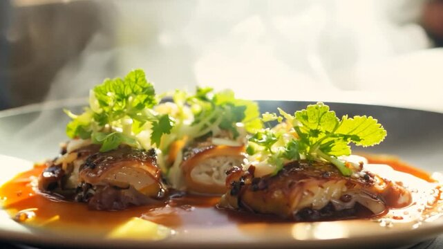 Delicious grilled rolls topped with fresh herbs and drizzled with sauce, served beautifully on a black plate against a warm sunset backdrop