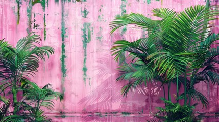 Vibrant tropical foliage grows lushly beside a weathered pink wall, creating a striking contrast and inviting atmosphere in natural daylight