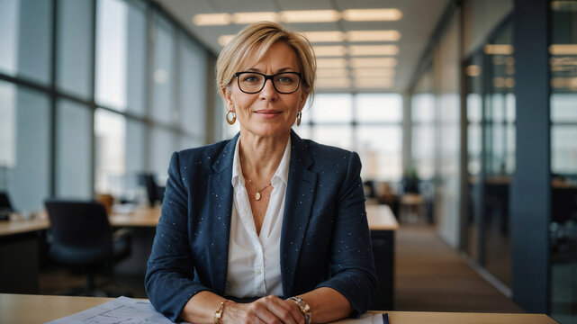 Donna di 50 anni che lavora come consulente finanziario in un ufficio moderno