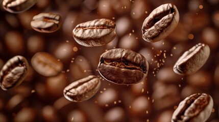 Obraz premium Falling roasted coffee beans. Banner for international coffee day.