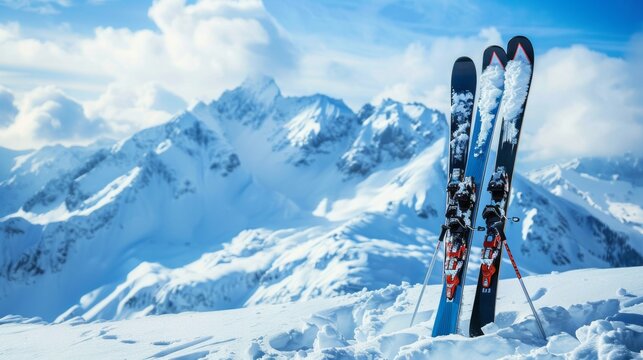 Two skis are leaning against a snowy mountain