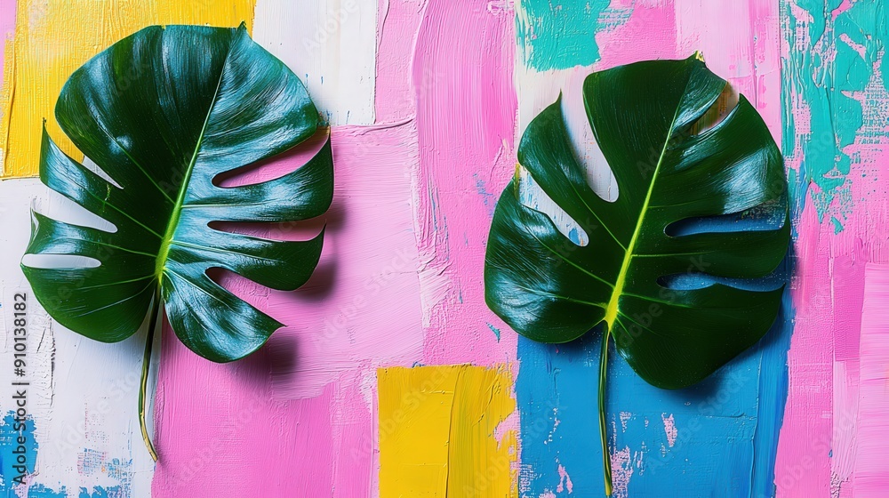 Poster two lush tropical leaves rest on a vivid, painted background featuring bright colors and abstract pa