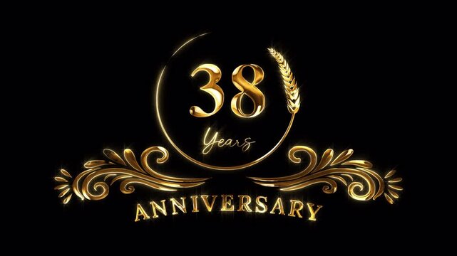 38th Anniversary Celebration. Happy 38 Years Anniversary Animation in Gold Color on the Transparent Background, Alpha Channel. Great for greetings, celebrations, events, and gifts.