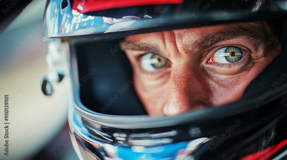 Poster a race car driver in a helmet gazes intently, showcasing determination and concentration before the 