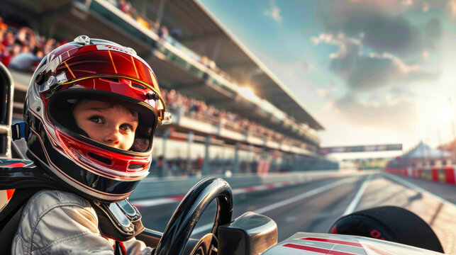 A young child dressed as a race car driver, wearing a racing suit and helmet, standing next to a race car. 