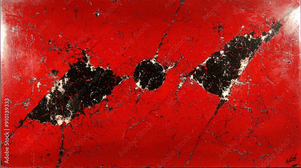 Aufkleber Bold red background contrasted with black irregular shapes, creating a dynamic visual impact and an intriguing artistic expression