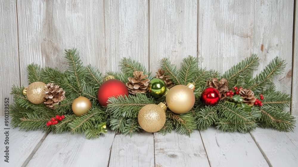 Canvas Prints A beautiful arrangement of pine branches decorated with colorful ornaments and pinecones, perfect for celebrating the holiday season