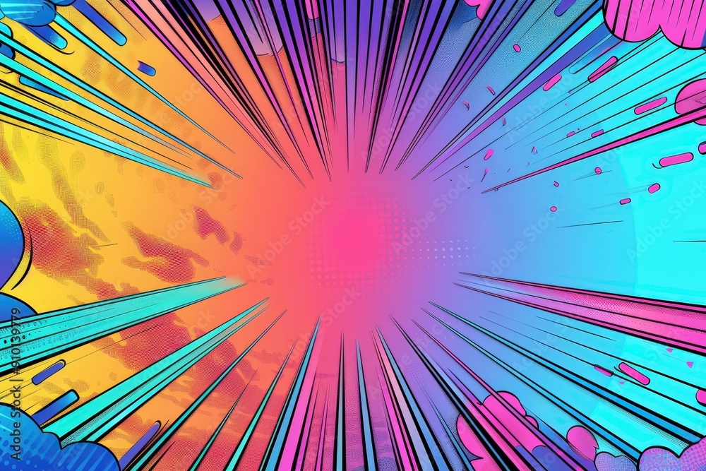 Aufkleber A vibrant explosion of colors radiates outward, featuring dynamic lines and abstract shapes in a pop art style, creating an energetic atmosphere