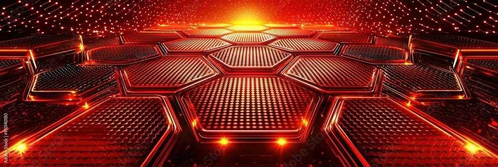 Poster A dynamic arrangement of hexagonal shapes illuminated by an intense orange light, creating a striking and modern digital aesthetic