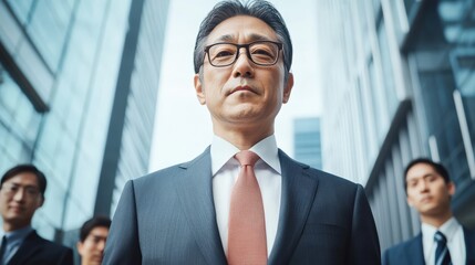 A man in a suit and tie stands in front of a group of men. He is the only one wearing a tie
