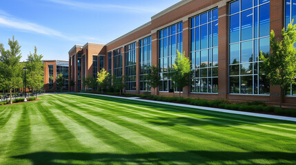 Modern school building exterior with green lawn and trees, featuring brick and glass architecture with large windows on a sunny day. The design highlights contemporary educational facilities, emphasiz