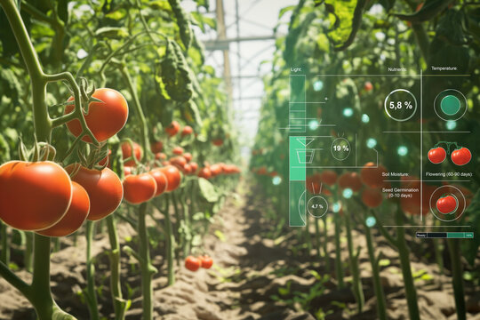 A tomato farm with ripe red tomatoes on the vines, augmented by infographics detailing nutrient levels, disease resistance, and market trends. - Powered by Adobe