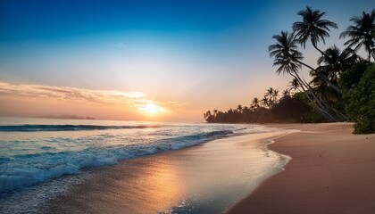 A serene beach at sunrise with palm trees and gentle waves