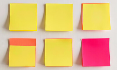 A wall covered in yellow and pink sticky notes