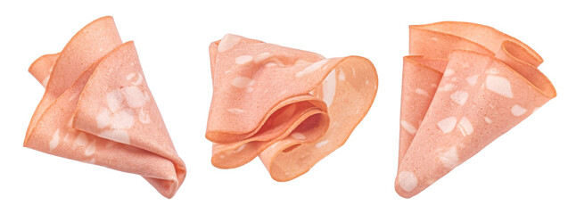 Mortadella sausage slices isolated on white background
