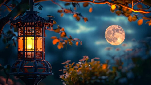 Serene Moonlit Night with Traditional Lantern