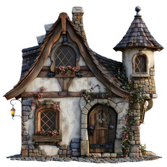 A small, old-fashioned house with a stone roof and a large, pointed tower, 3D illustration, Halloween, Clipart, 3d render, isolate on a transparent background.