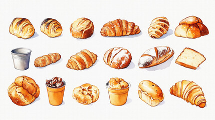 様々な種類のパン（ロールパン、クロワッサン、ブールなど）を手描きの水彩画風で多数描いたイラスト