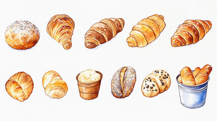 様々な種類のパン（ロールパン、クロワッサン、ブールなど）を手描きの水彩画風で多数描いたイラスト