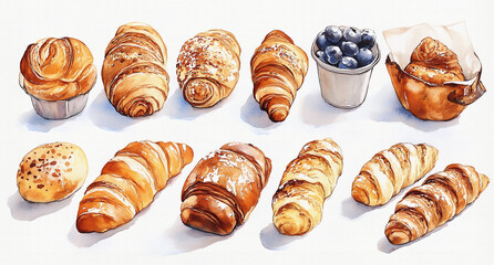 様々な種類のパン（ロールパン、クロワッサン、ブールなど）を手描きの水彩画風で多数描いたイラスト