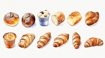 様々な種類のパン（ロールパン、クロワッサン、ブールなど）を手描きの水彩画風で多数描いたイラスト