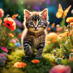 A high angle shot of a playful tabby kitten exploring a garden filled with butterflies and blooming flowers