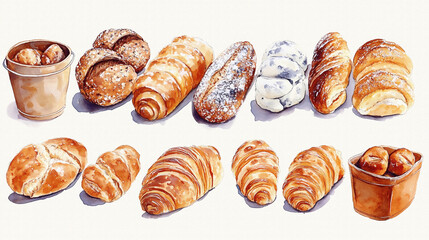 様々な種類のパン（ロールパン、クロワッサン、ブールなど）を手描きの水彩画風で多数描いたイラスト