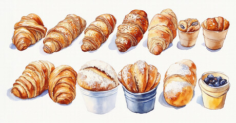 様々な種類のパン（ロールパン、クロワッサン、ブールなど）を手描きの水彩画風で多数描いたイラスト