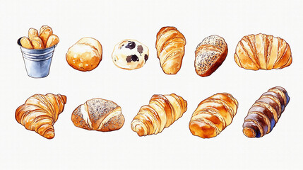 様々な種類のパン（ロールパン、クロワッサン、ブールなど）を手描きの水彩画風で多数描いたイラスト