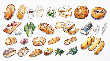 様々な種類のパン（ロールパン、クロワッサン、ブールなど）、ハーブ等を手描きの水彩画風で多数描いたイラスト