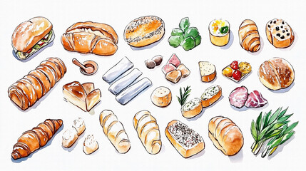 様々な種類のパン（ロールパン、クロワッサン、ブールなど）、ハーブ等を手描きの水彩画風で多数描いたイラスト
