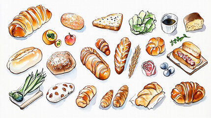様々な種類のパン（ロールパン、クロワッサン、ブールなど）、ハーブ等を手描きの水彩画風で多数描いたイラスト