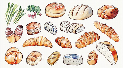 様々な種類のパン（ロールパン、クロワッサン、ブールなど）、ハーブ等を手描きの水彩画風で多数描いたイラスト