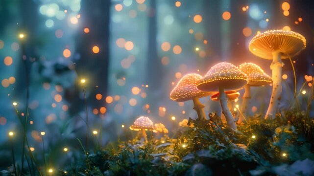 Experience an enchanted woodland, Magical fantasy mushrooms in fairy tale dreamy elf forest, Fairytale concept	