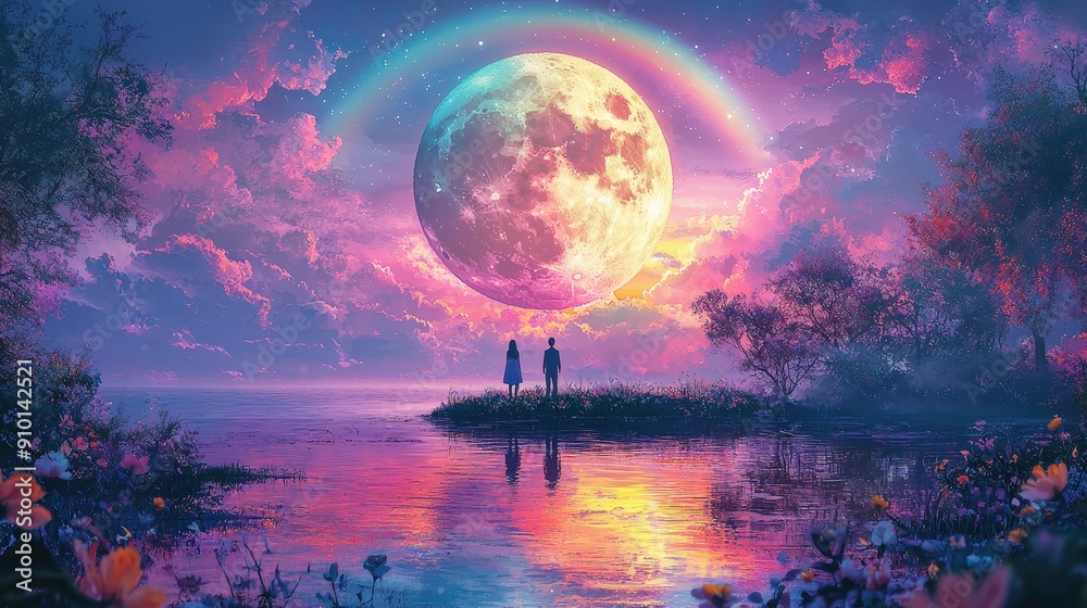 Aufkleber a couple admires the breathtaking view of a full moon and rainbow reflecting on the calm waters duri