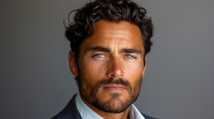 Obraz premium Handsome Man With Dark Curly Hair and Blue Eyes Posing for a Professional Portrait Against a Neutral Background