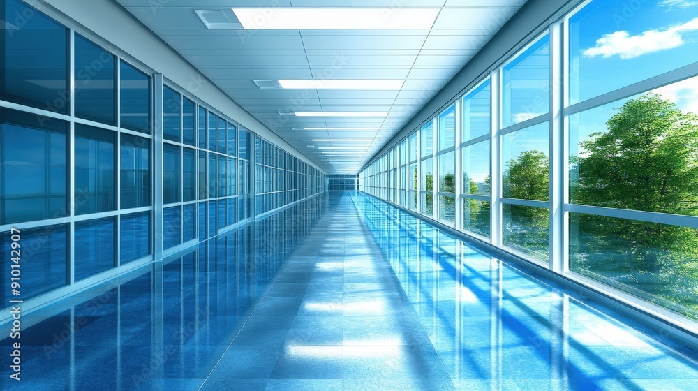 Aufkleber A bright corridor features large windows allowing sunlight and views of green trees, creating a serene atmosphere