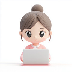A cute cartoon girl with brown hair in a bun, wearing a pink sweater, sits in front of a laptop.
