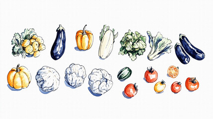 たくさんのおいしそうな野菜（かぼちゃ、トマト、なす、きゅうり、キャベツなど）の手描きで温かみのある水彩画風イラスト