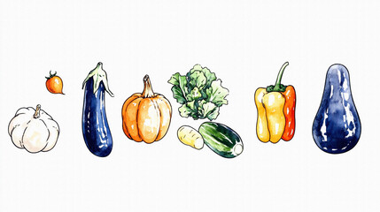 たくさんのおいしそうな野菜（かぼちゃ、トマト、なす、きゅうり、キャベツなど）の手描きで温かみのある水彩画風イラスト