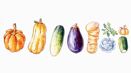 たくさんのおいしそうな野菜（かぼちゃ、トマト、なす、きゅうり、キャベツなど）の手描きで温かみのある水彩画風イラスト