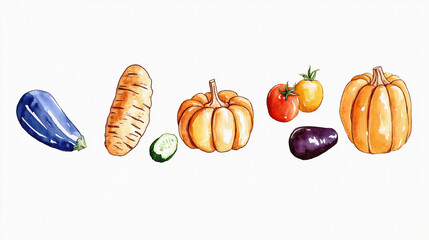 たくさんのおいしそうな野菜（かぼちゃ、トマト、なす、きゅうり、キャベツなど）の手描きで温かみのある水彩画風イラスト